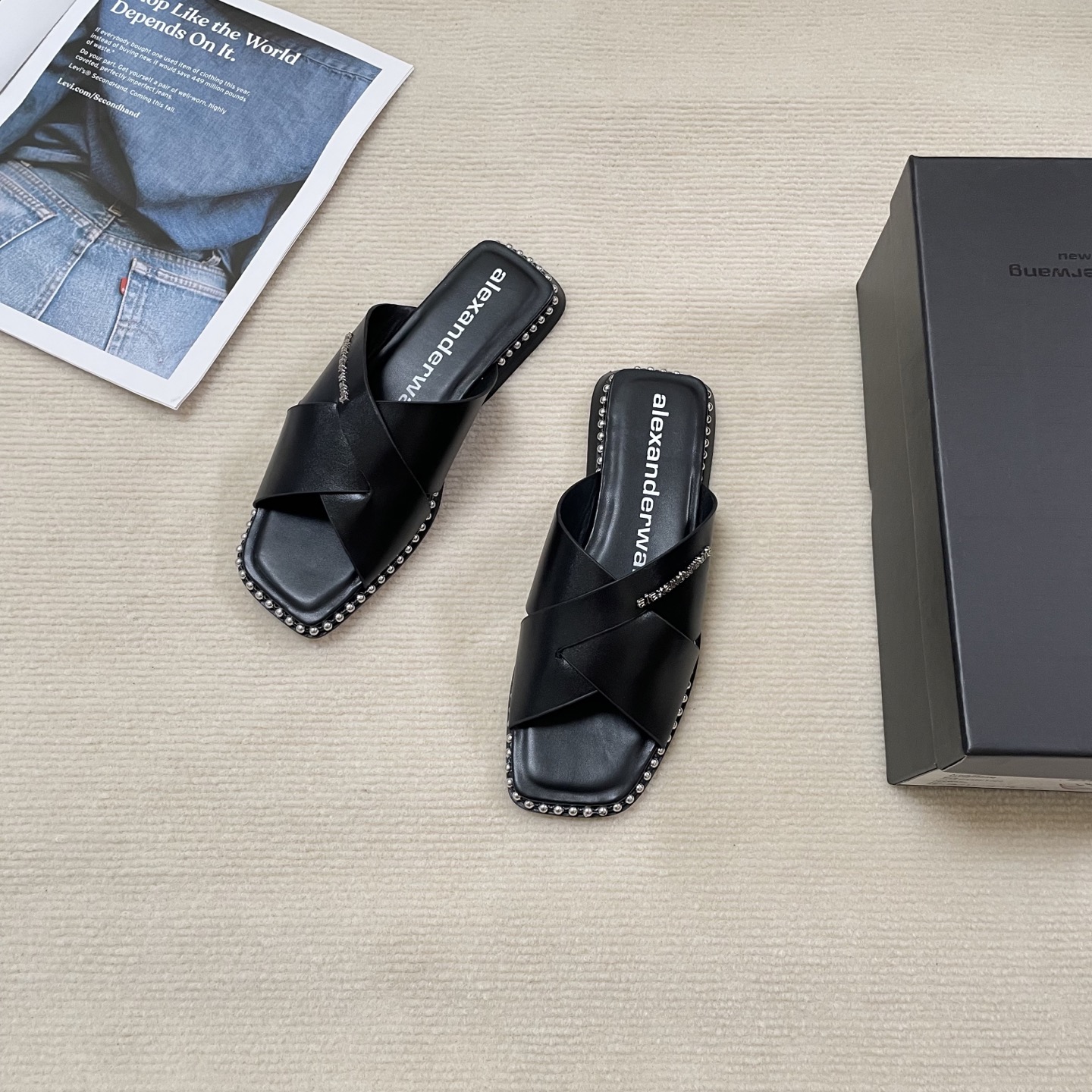 Alexander Wang steel bead cross flat slides