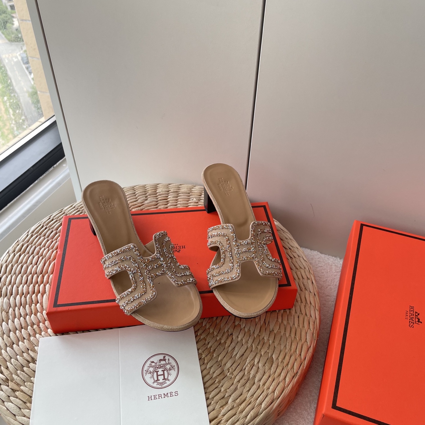 Hermes rhinestone H high heels