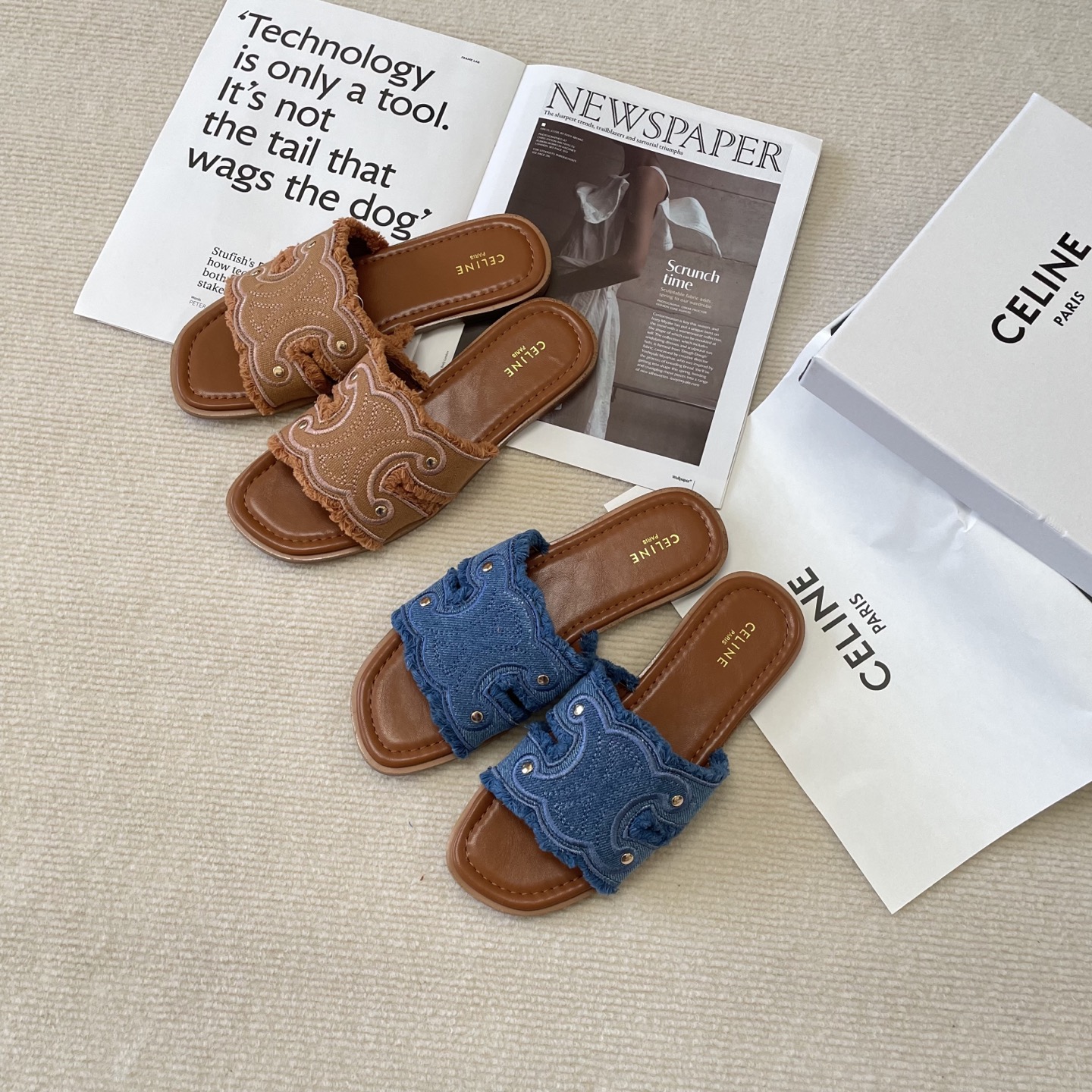 Celine denim tassel slippers