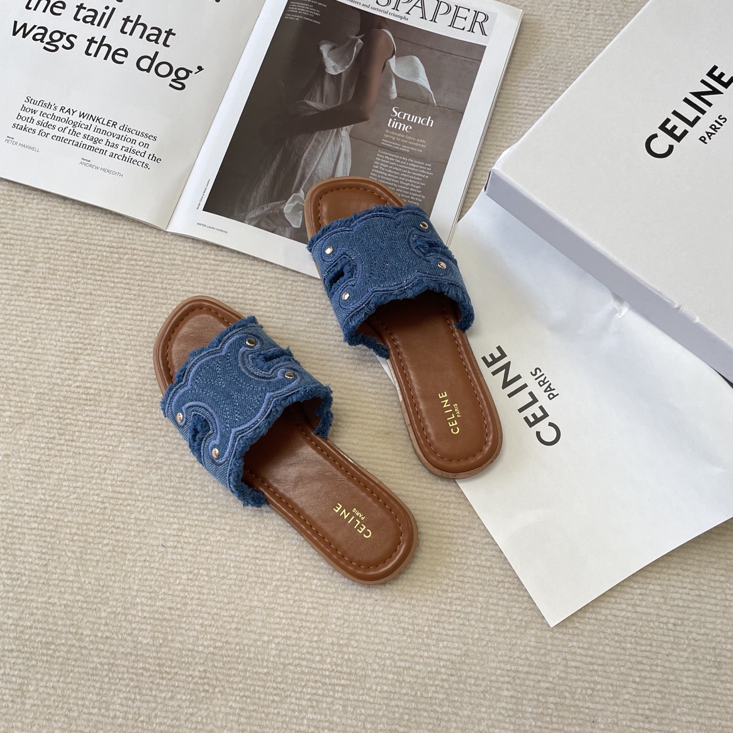 Celine denim tassel slippers