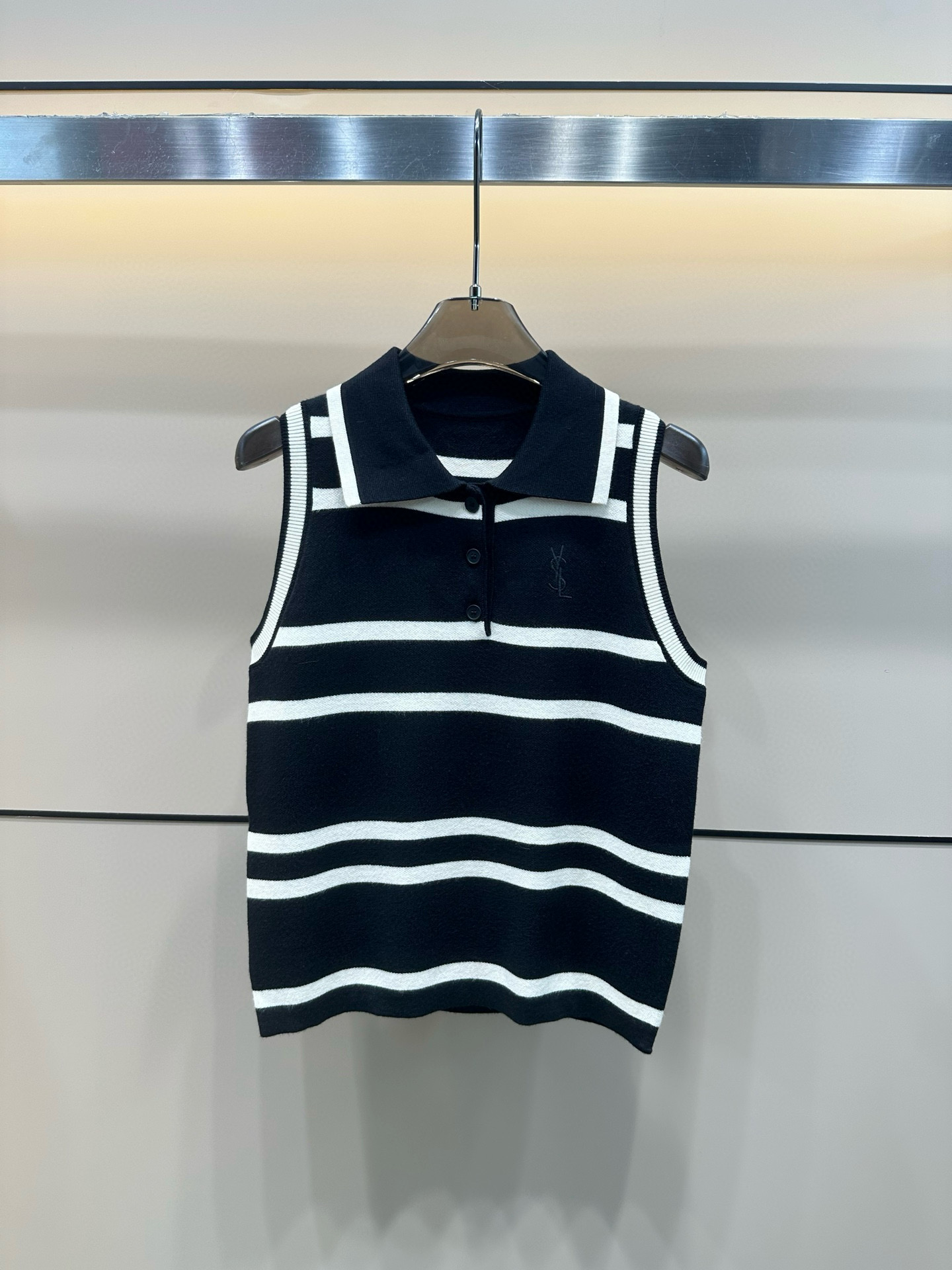 YSL letter embroidered striped lapel knitted vest