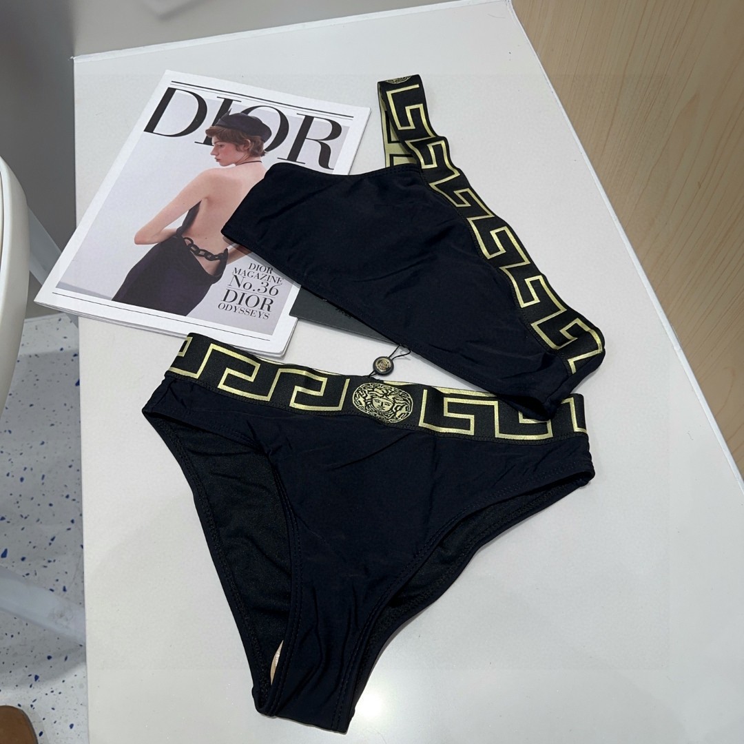 Versace one-shoulder webbing bandeau swimsuit