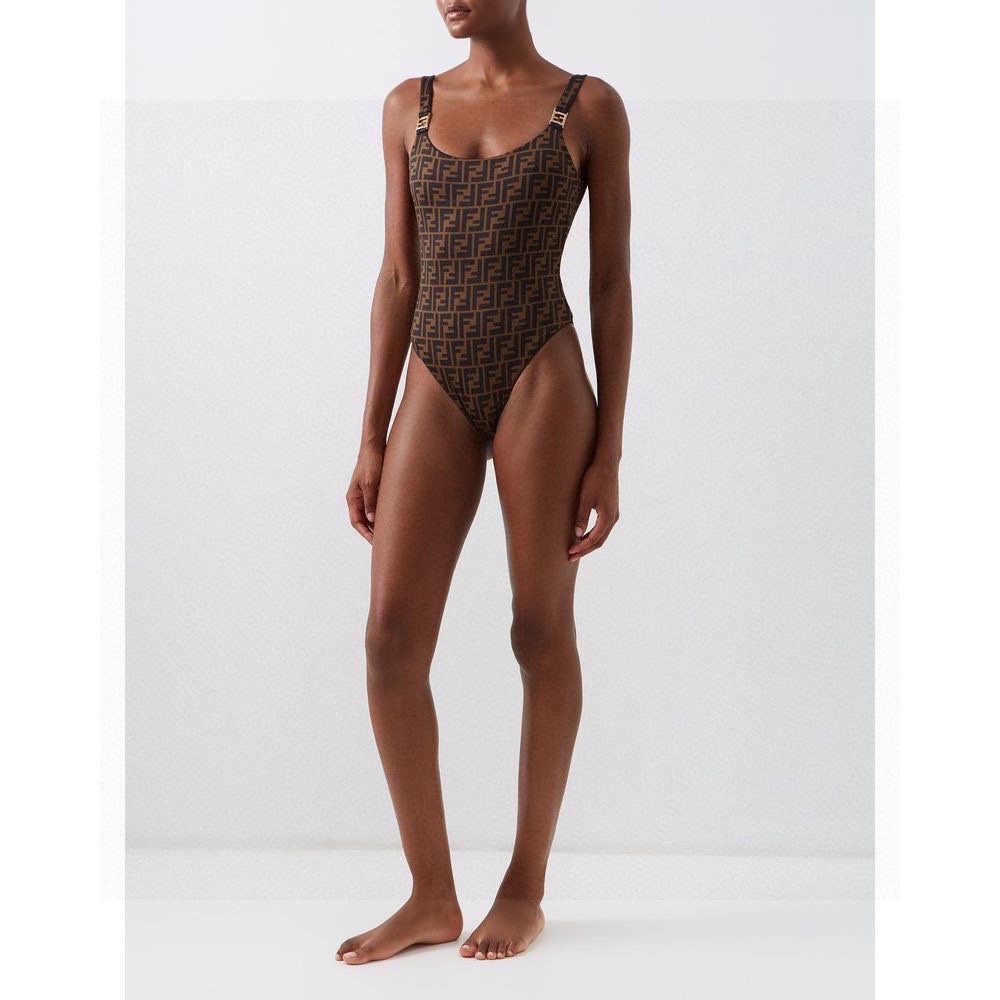 Fendi one-piece swimsuit with metal buckles and printed letters