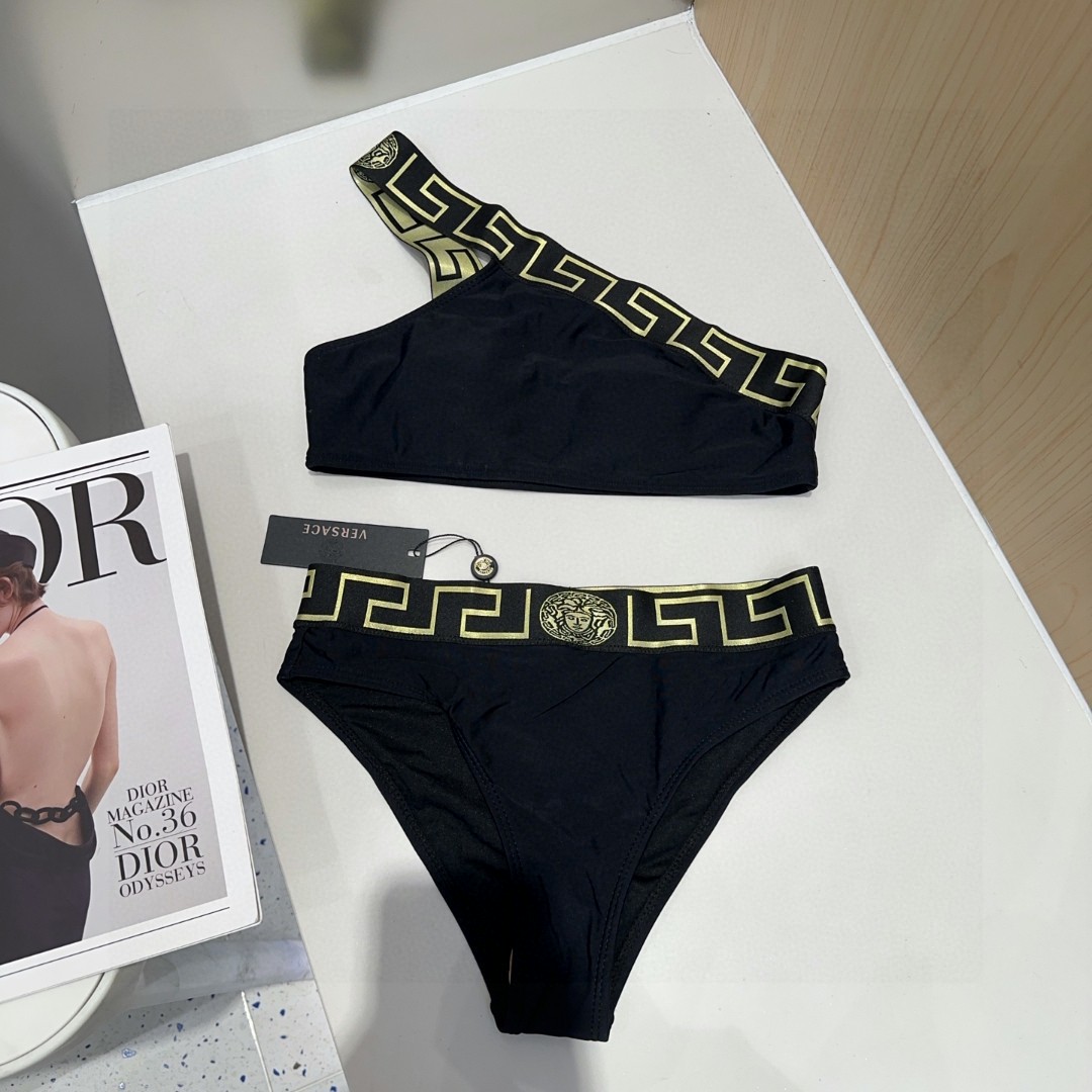 Versace one-shoulder webbing bandeau swimsuit