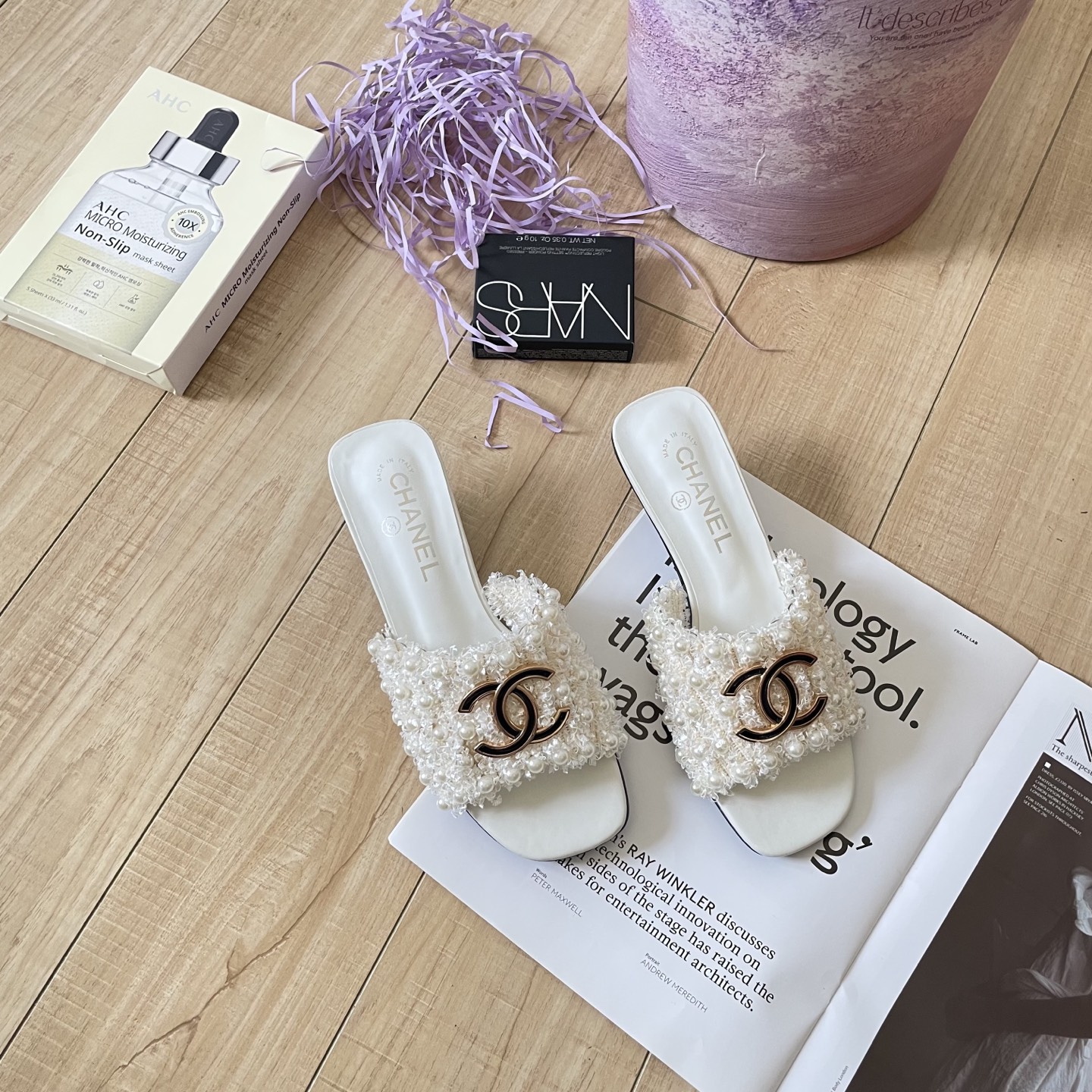 Chanel c buckle pearl slippers