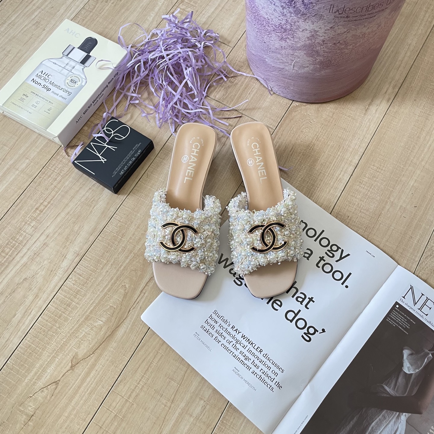 Chanel c buckle pearl slippers