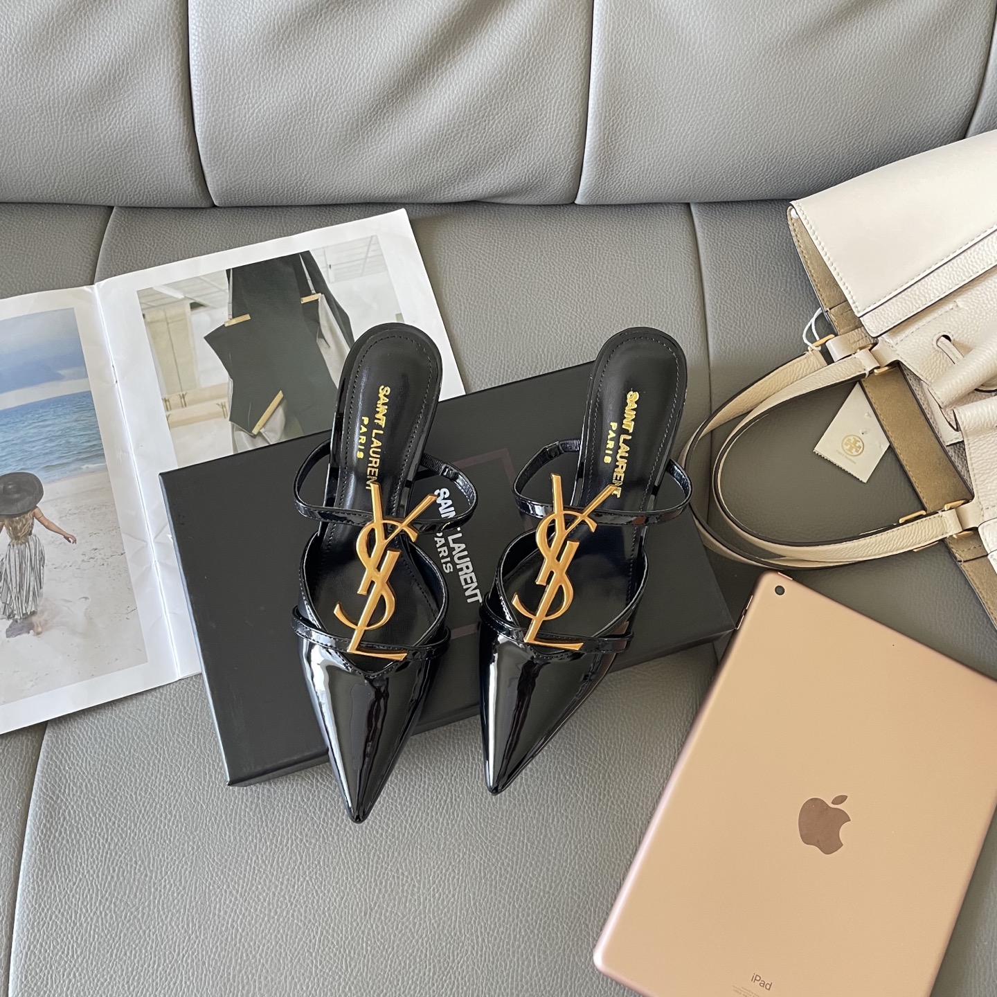 YSL summer letter buckle pointed sandals