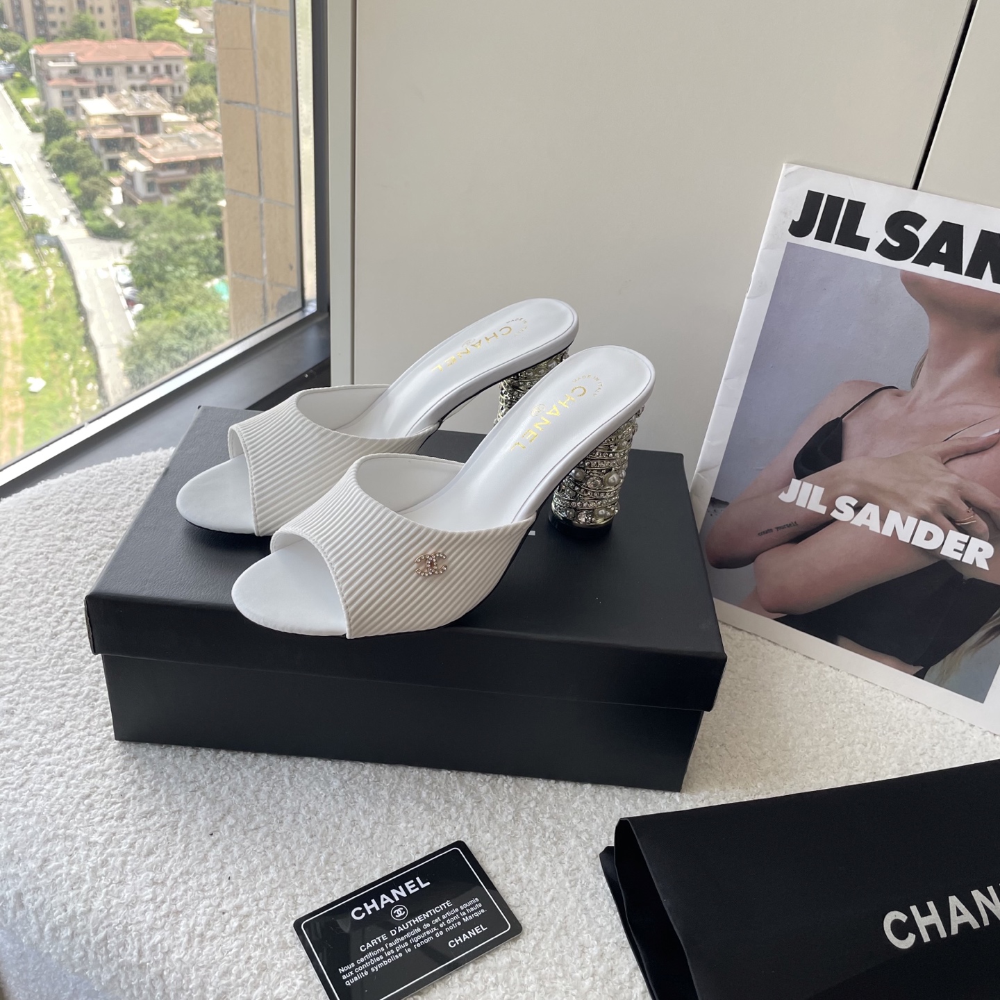 Chanel c buckle pearl high heel slippers