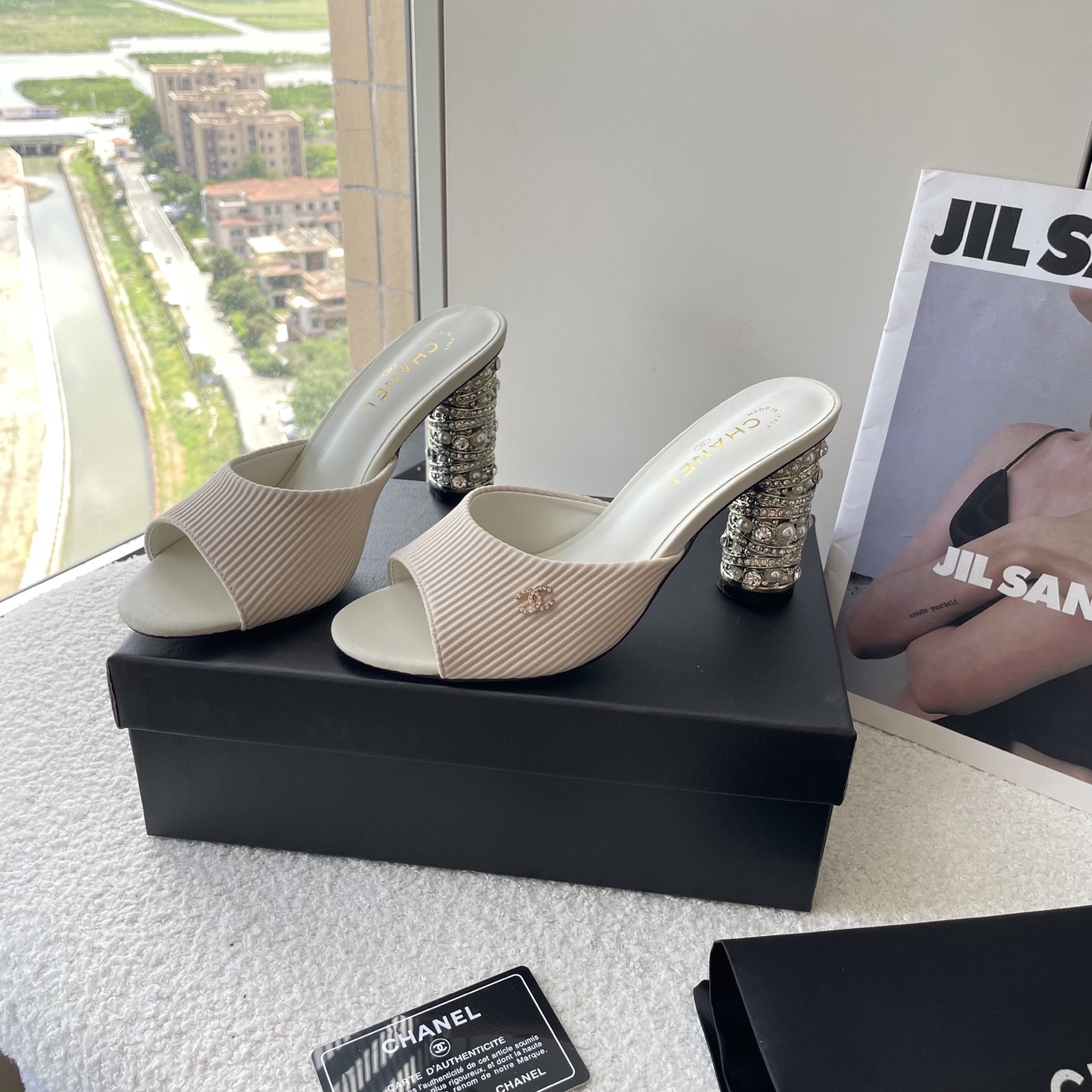 Chanel c buckle pearl high heel slippers