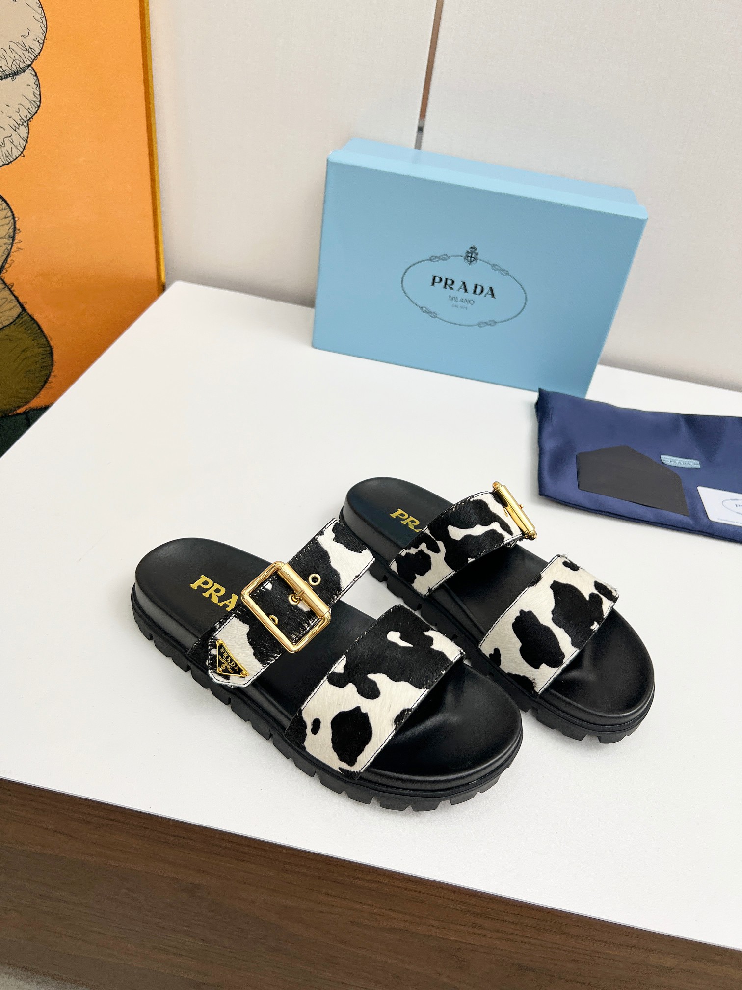 Prada triangle logo cow color sandals