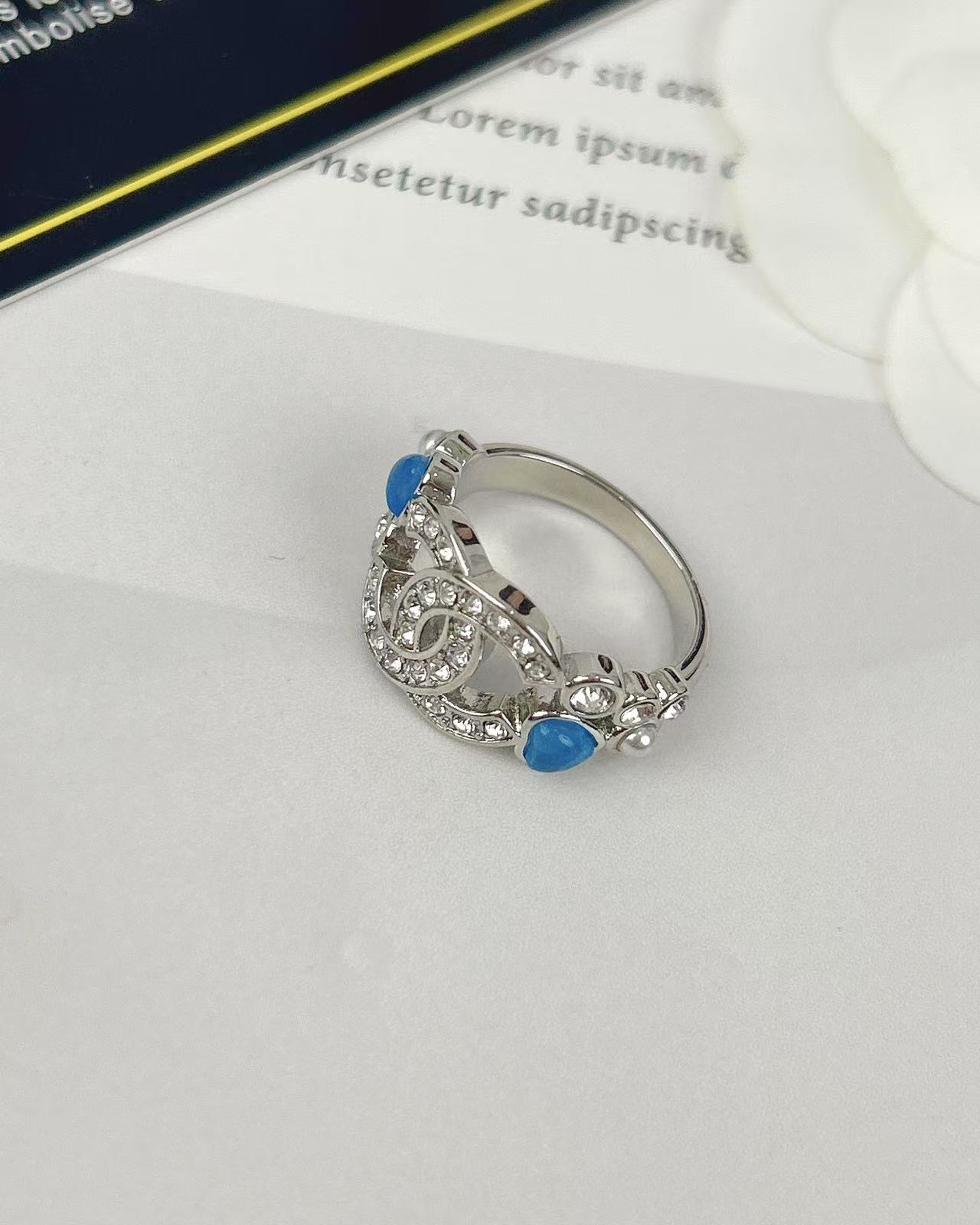 Chanel blue zircon heart full diamond double c ring