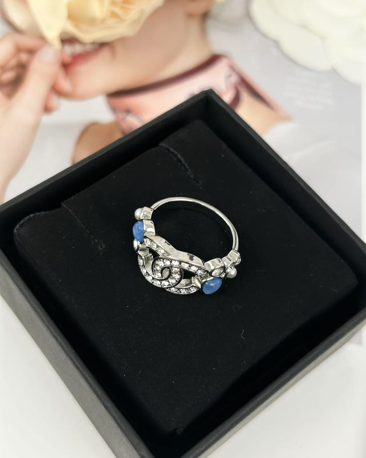 Chanel blue zircon heart full diamond double c ring