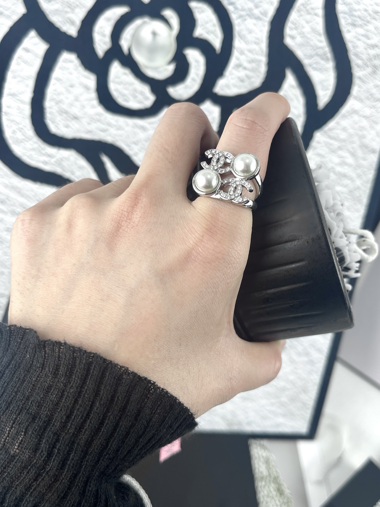 Chanel Silver Square Pearl Double C Full Diamond Ring