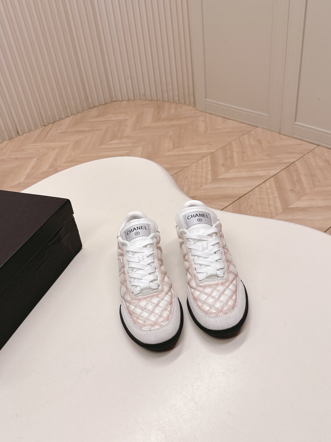 Chanel suede round-toe diamond-patterned platform sneakers