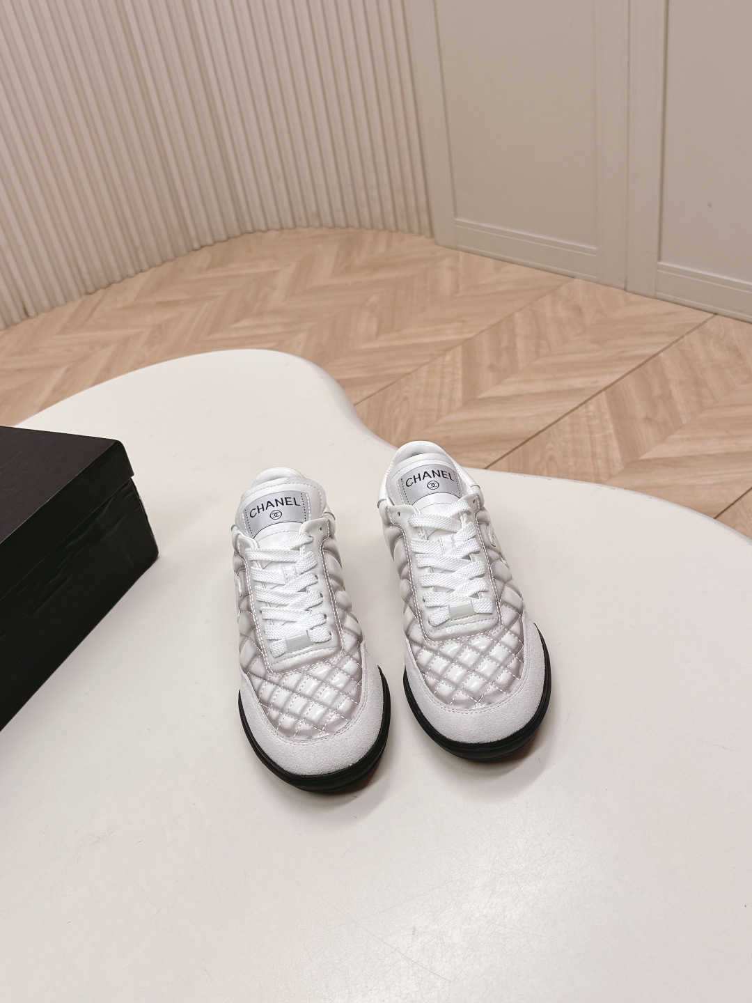 Chanel suede round-toe diamond-patterned platform sneakers