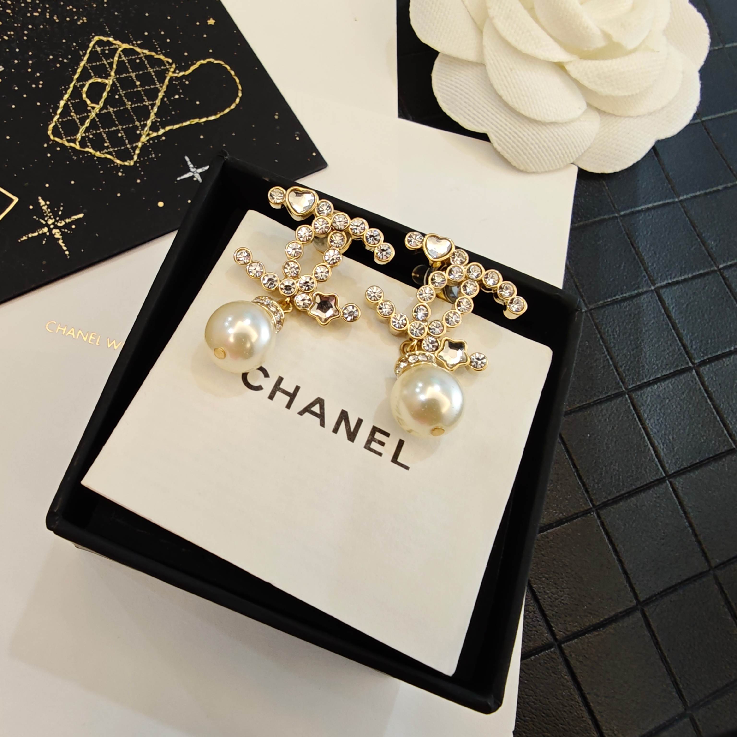 Chanel Heart Star Diamond Double C Earrings