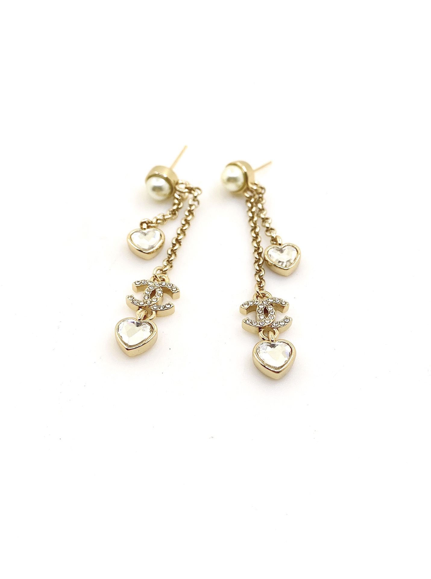 Chanel White Diamond Heart Tassel Earrings