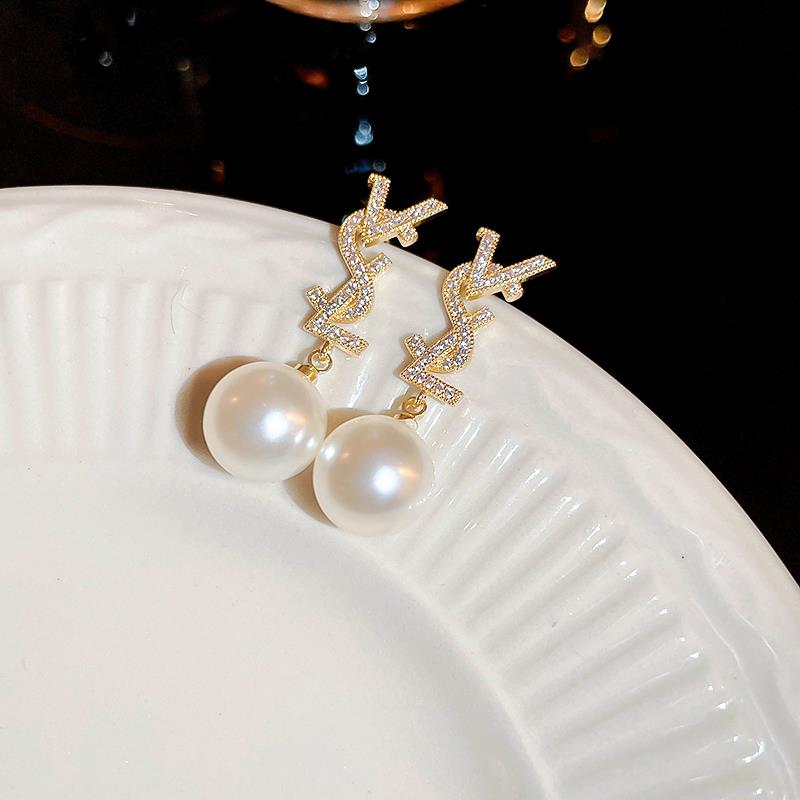 YSL Crystal Diamond Letter Pearl Stud Earrings