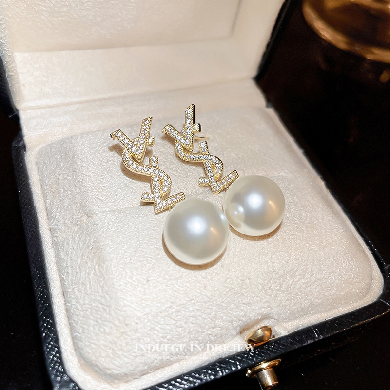 YSL Crystal Diamond Letter Pearl Stud Earrings