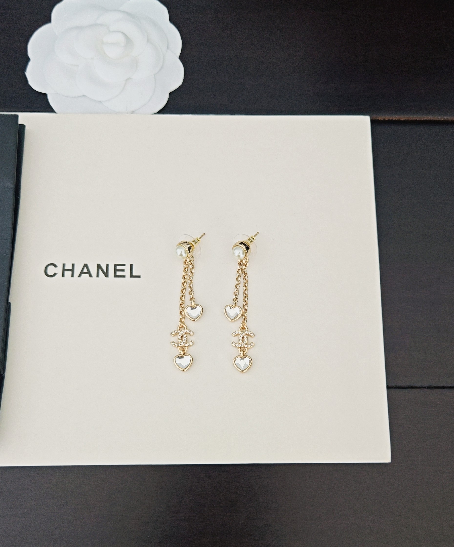 Chanel White Diamond Heart Tassel Earrings