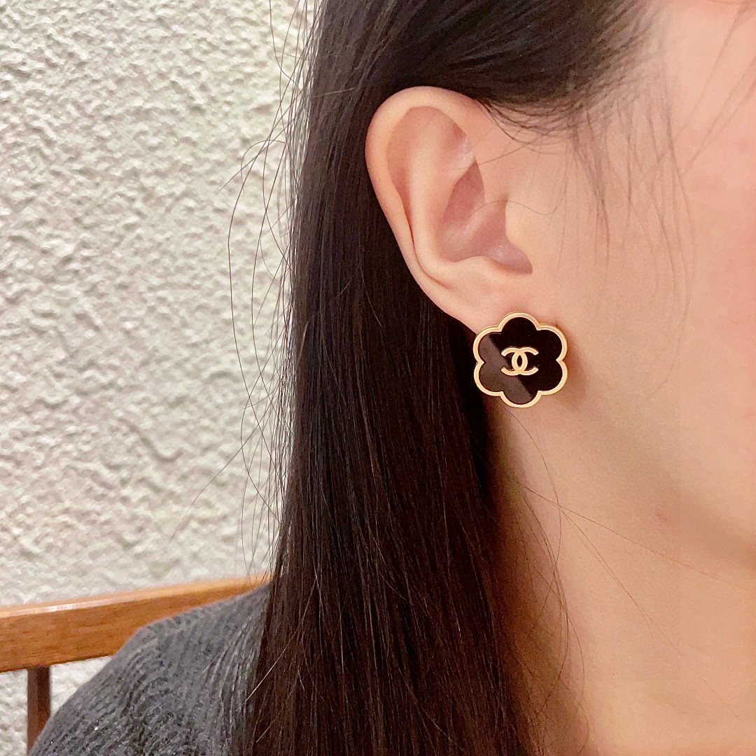Chanel Camellia Double C Stud Earrings
