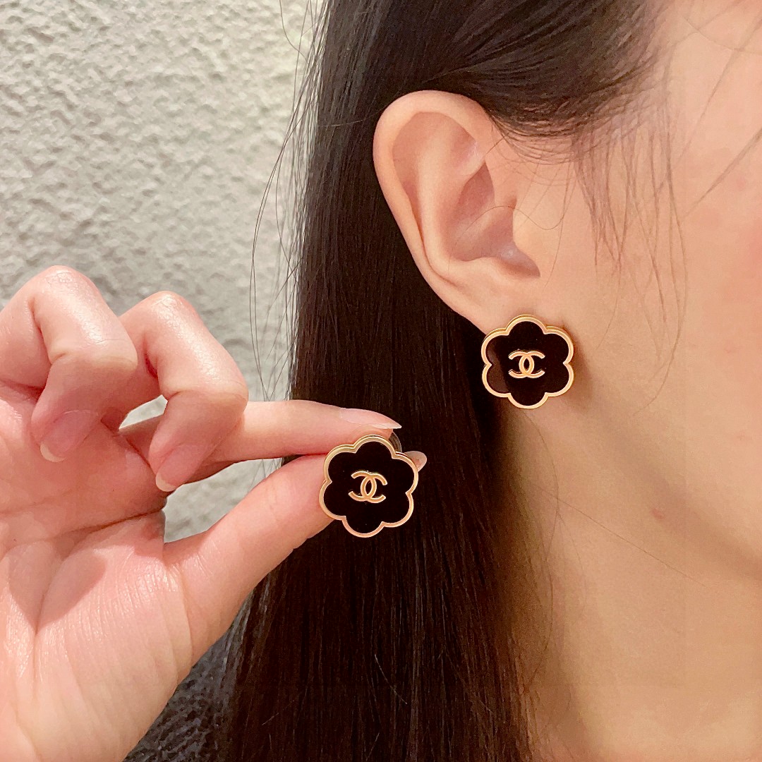 Chanel Camellia Double C Stud Earrings