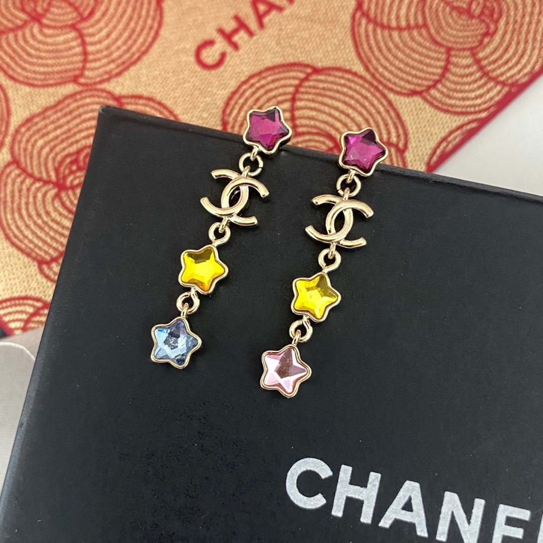 Chanel Colored Diamond Star Double C Tassel Earrings