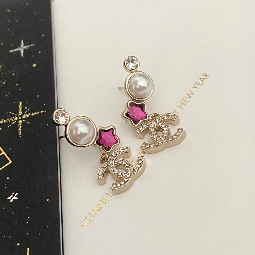 Chanel Pink Diamond Star Pearl Double C Stud Earrings