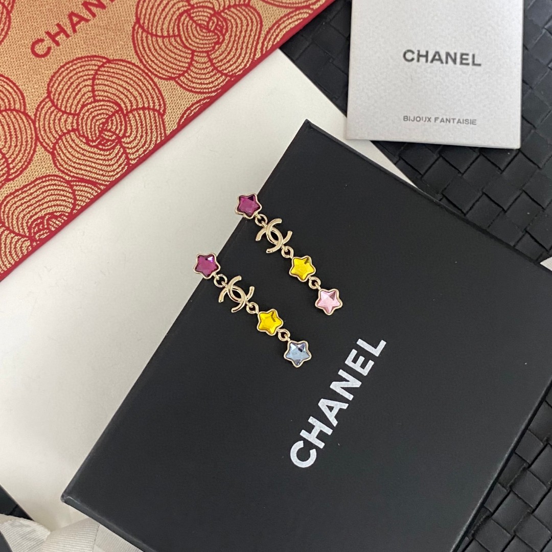 Chanel Colored Diamond Star Double C Tassel Earrings