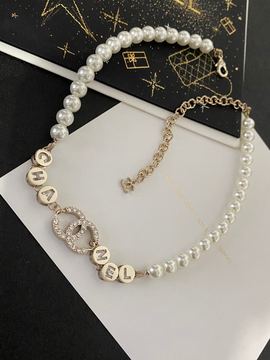 Chanel Swarovski Crystal Pearl Letter Necklace