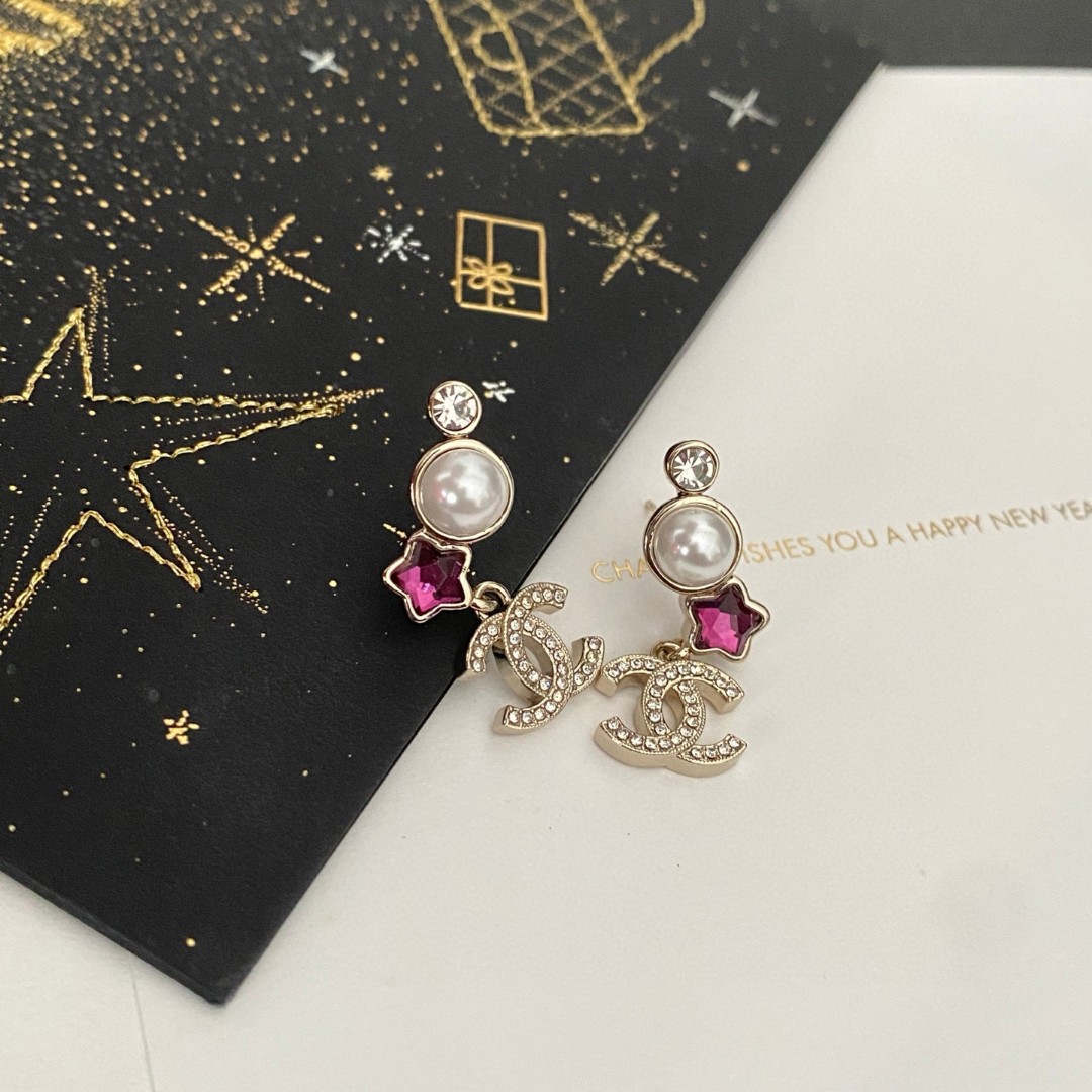 Chanel Pink Diamond Star Pearl Double C Stud Earrings