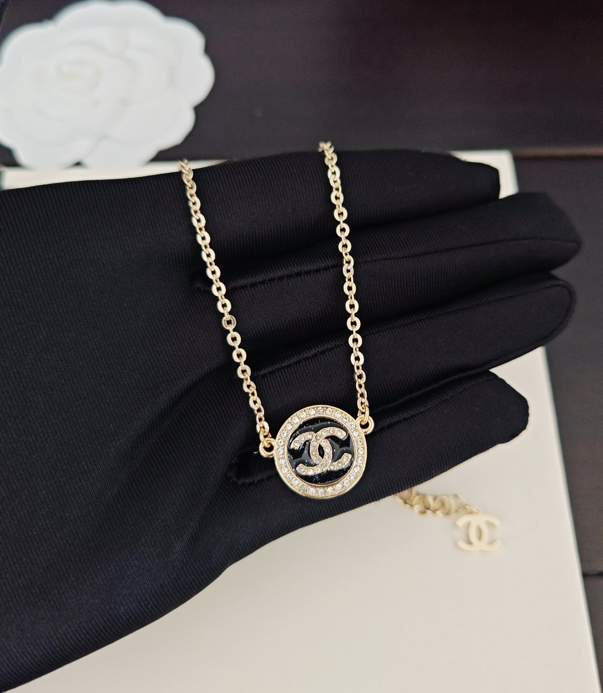 Chanel Light Gold Round Black Necklace