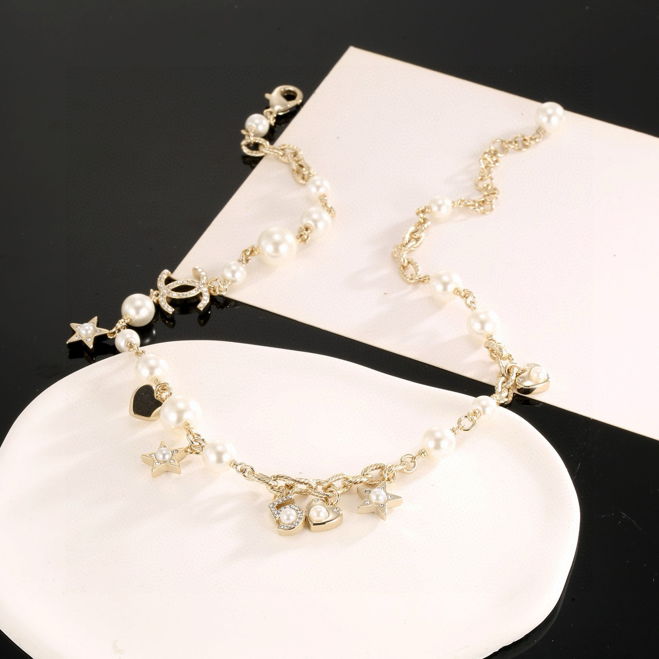 Chanel Star Heart Peach Letter Double C Necklace