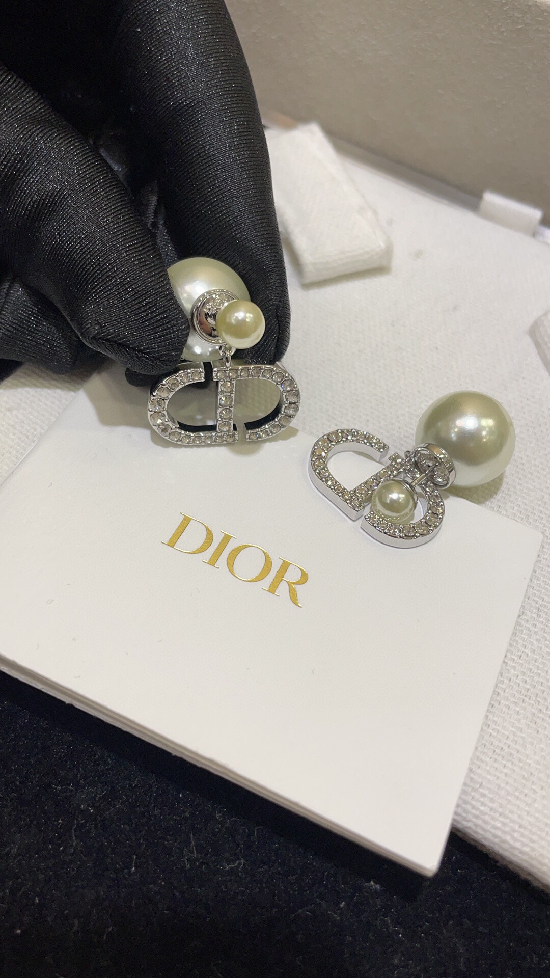 Dior Pearl and Silver Diamond Letter Earrings