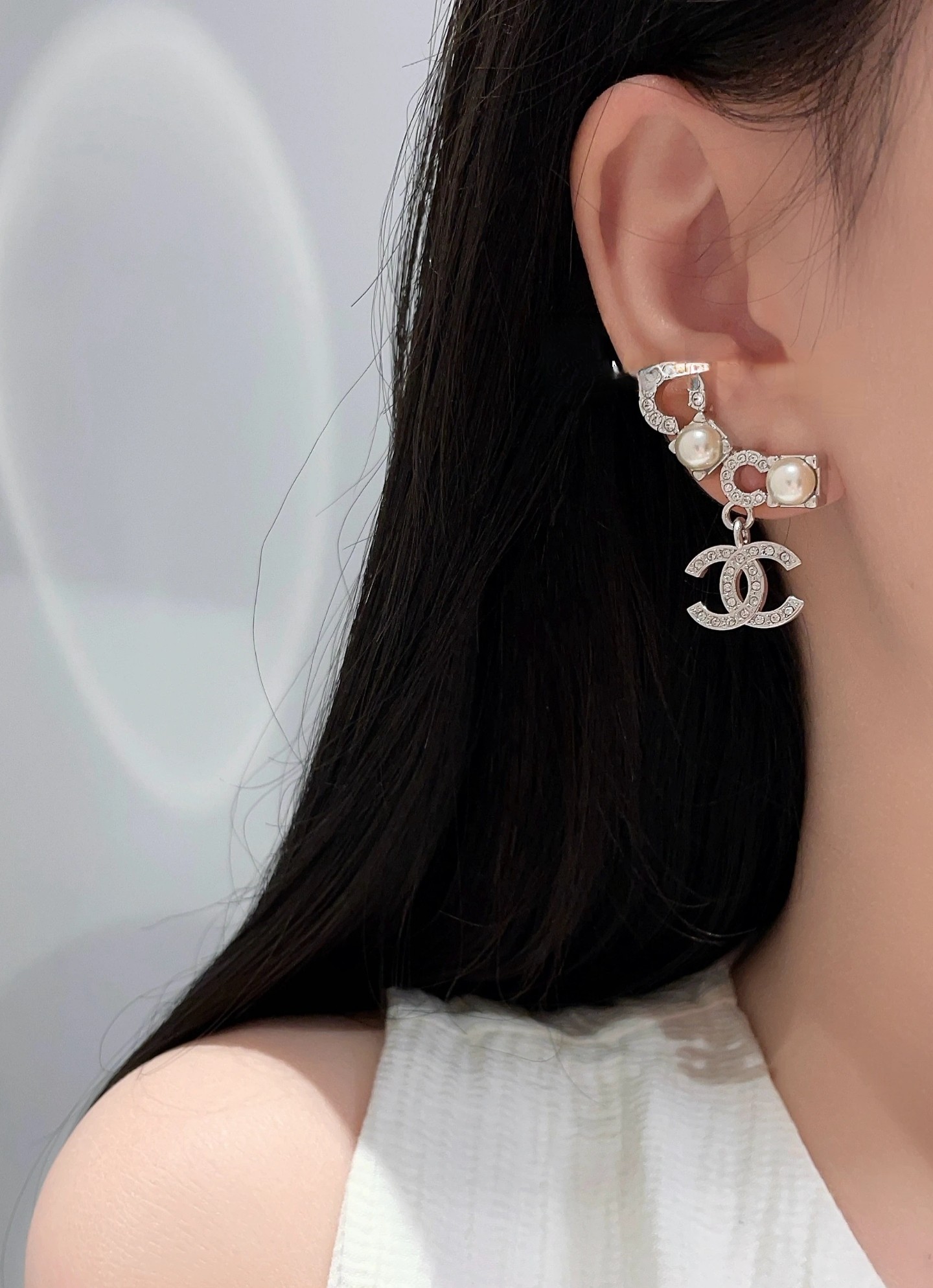 Chanel Rice Pearl Letter Earrings