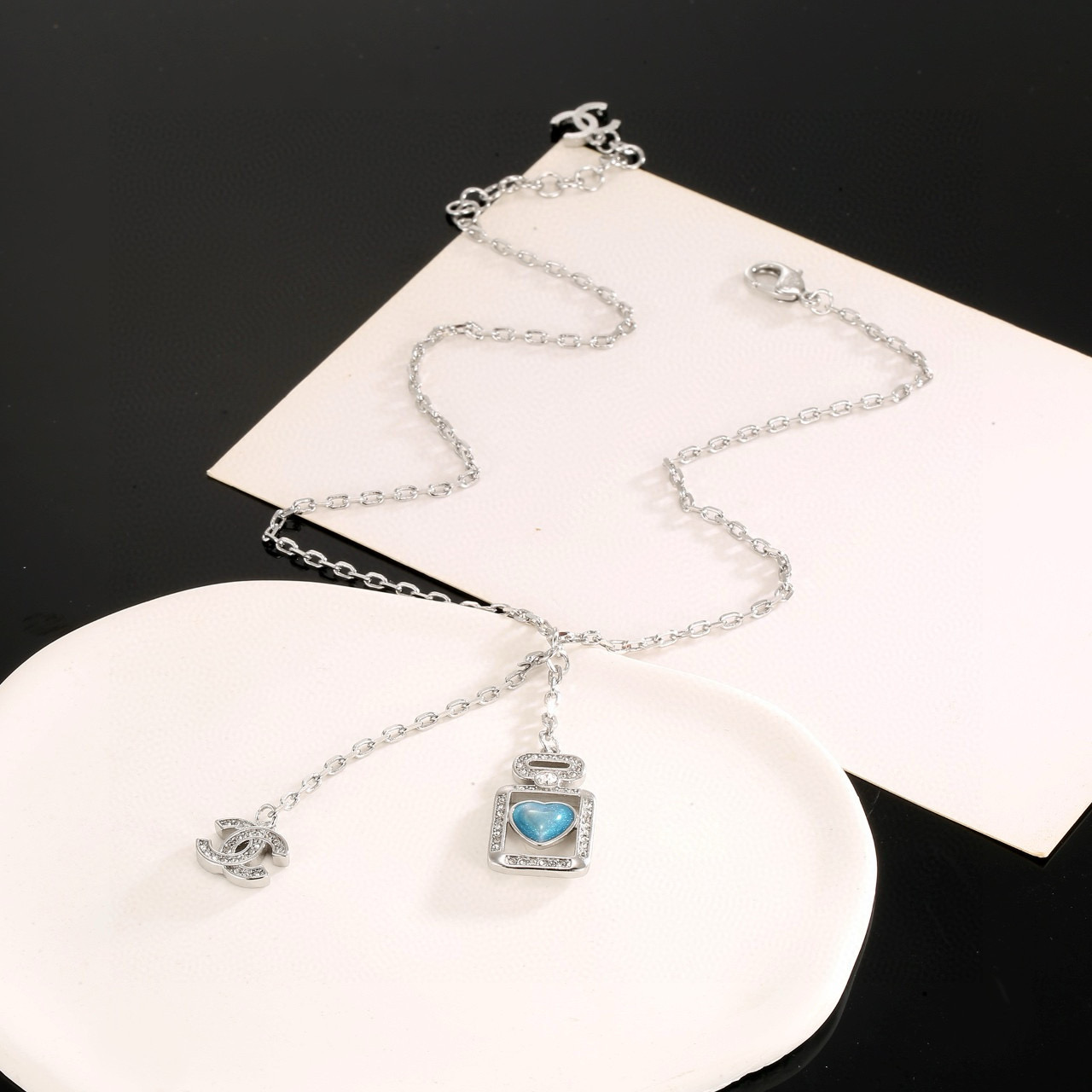 Chanel Blue Heart Perfume Bottle Necklace
