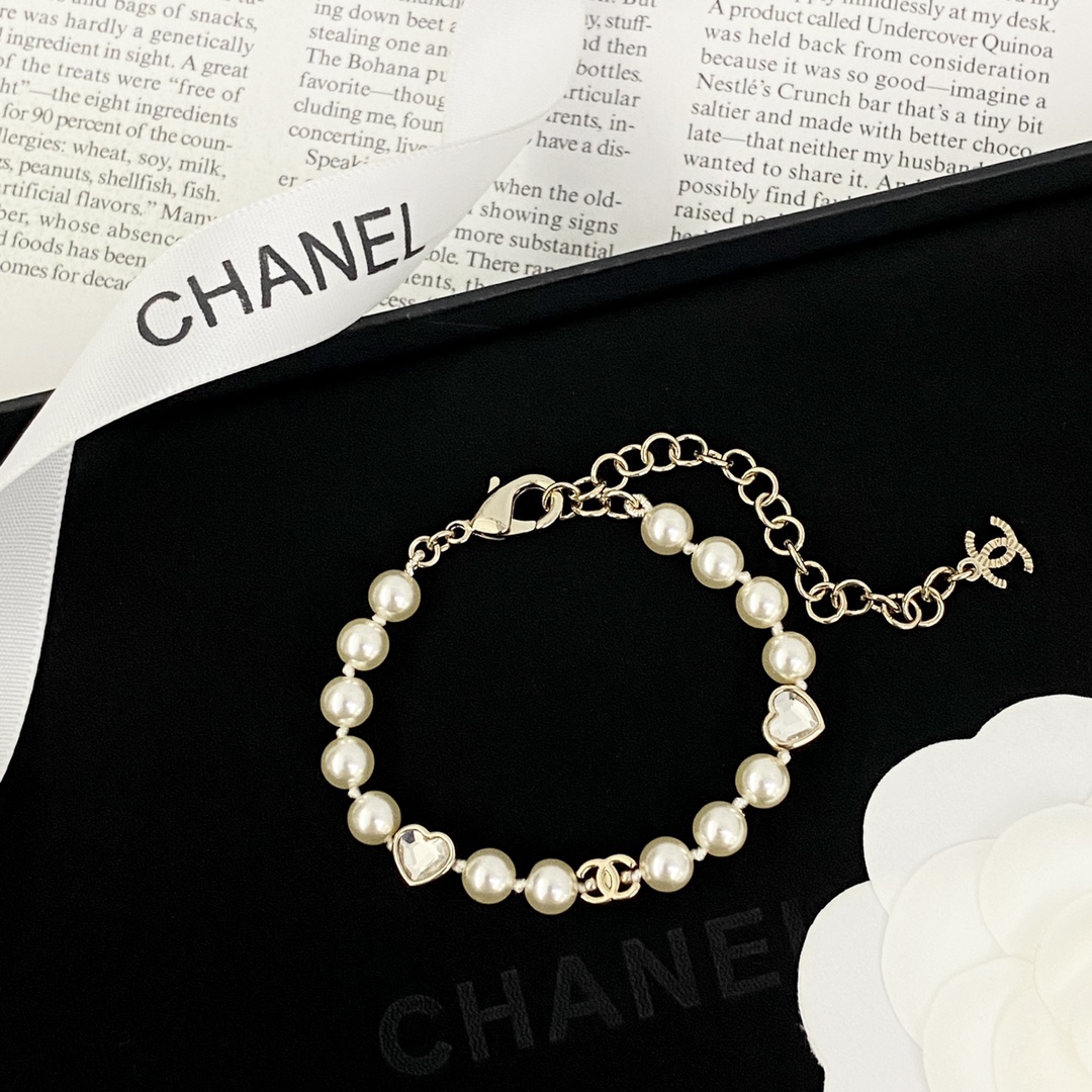 Chanel 3D Heart Diamond and Pearl Bracelet