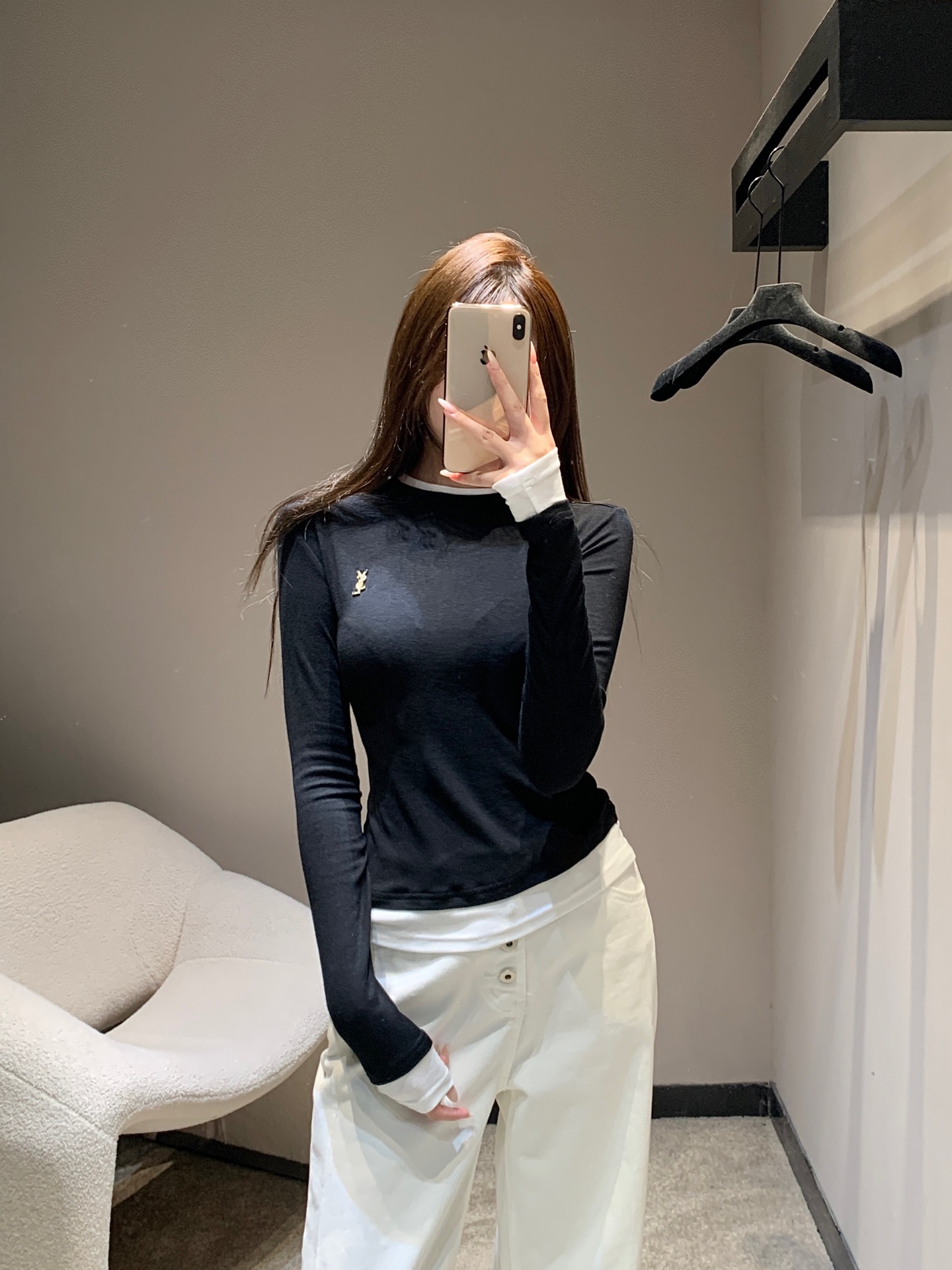 YSL Contrast Color Fake Two-Piece Long-Sleeved T-Shirt