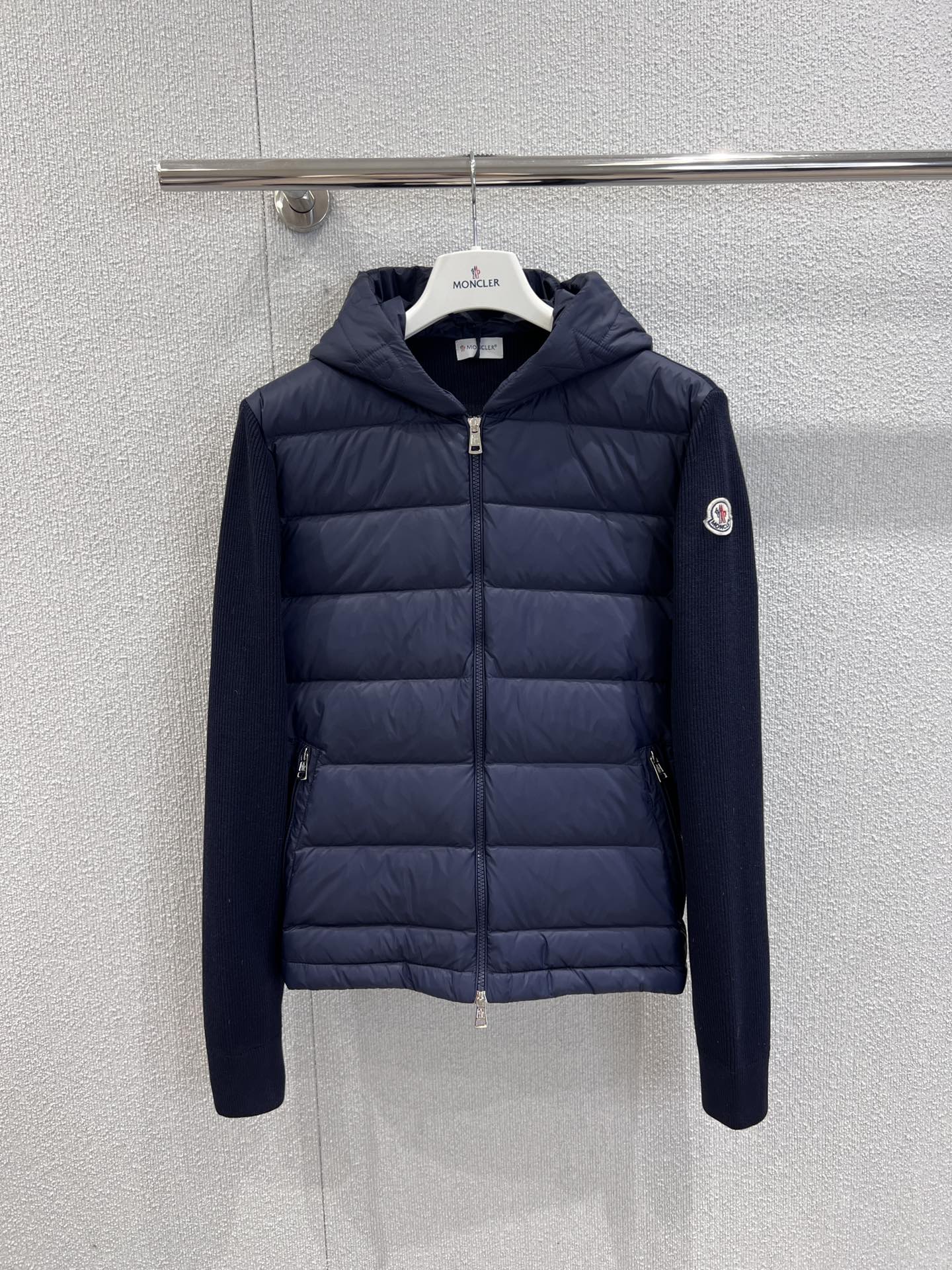 Moncler Lightweight Knit Paneled Hooded Zip-Up Down Jacket