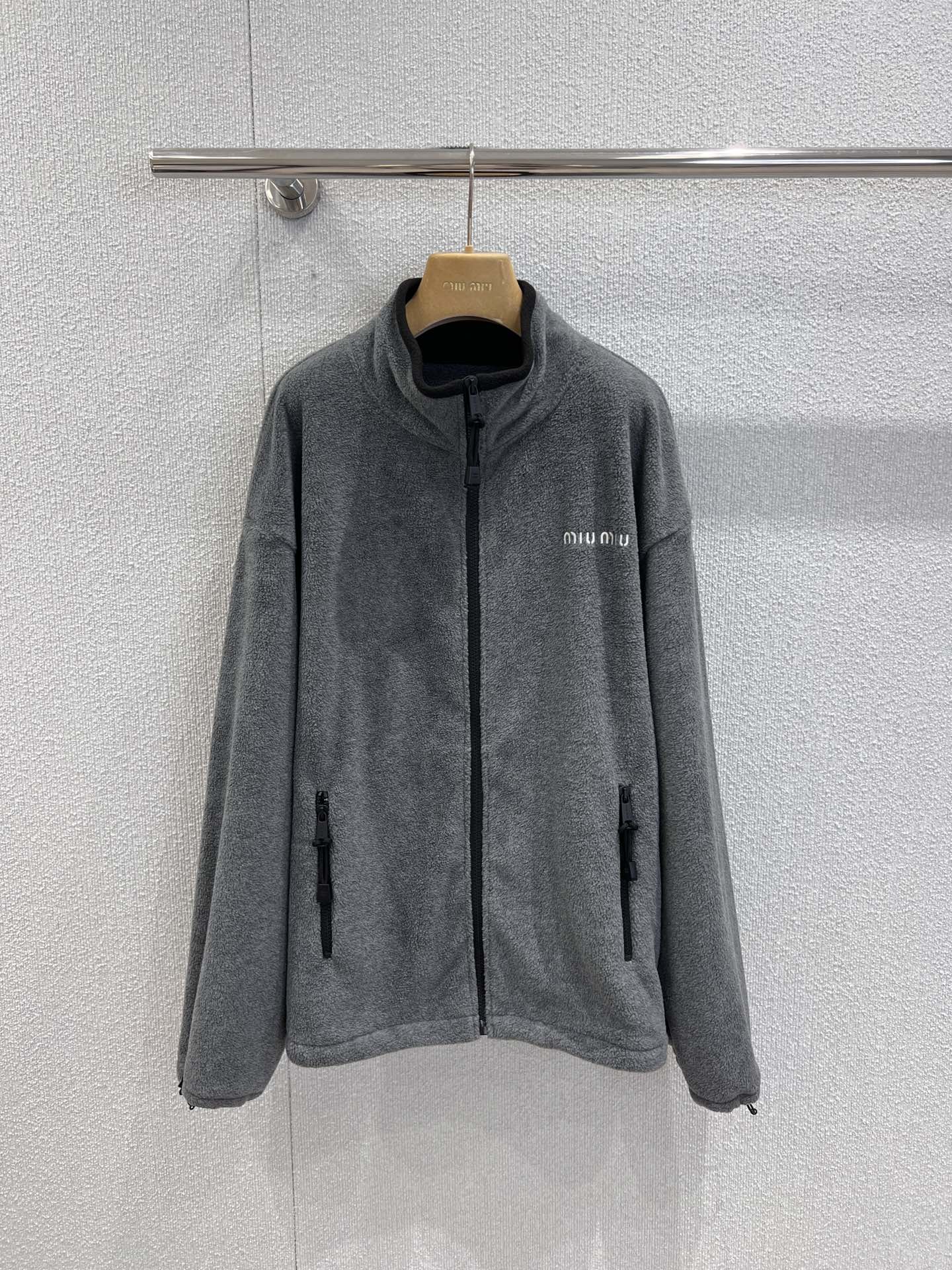 Miu Miu Logo-Embroidered Grey Polar Fleece Jacket