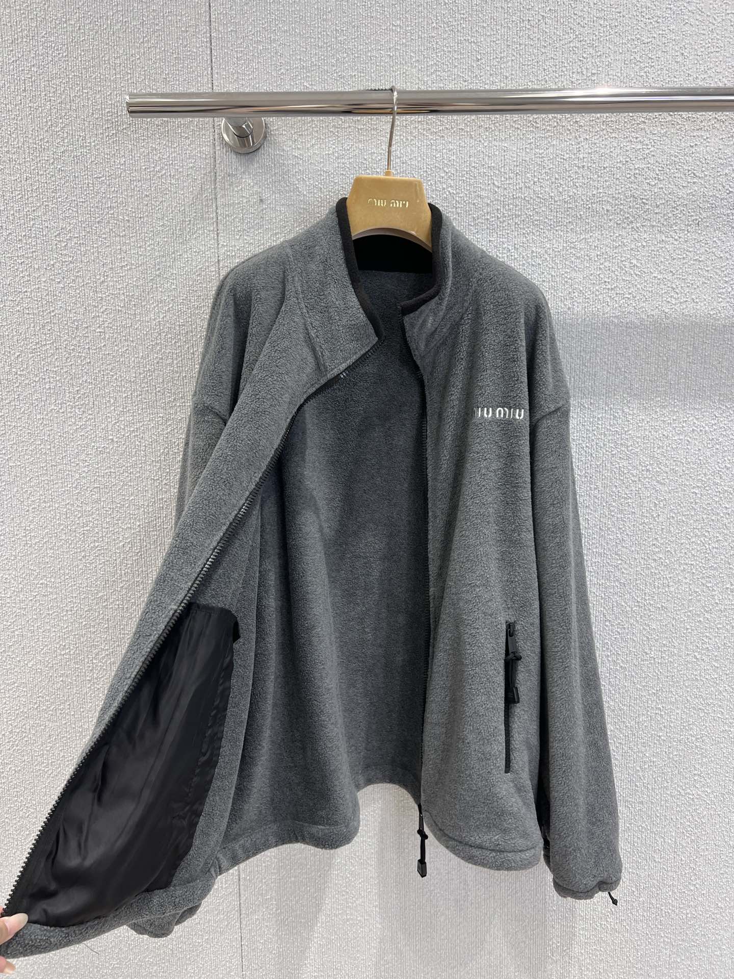 Miu Miu Logo-Embroidered Grey Polar Fleece Jacket