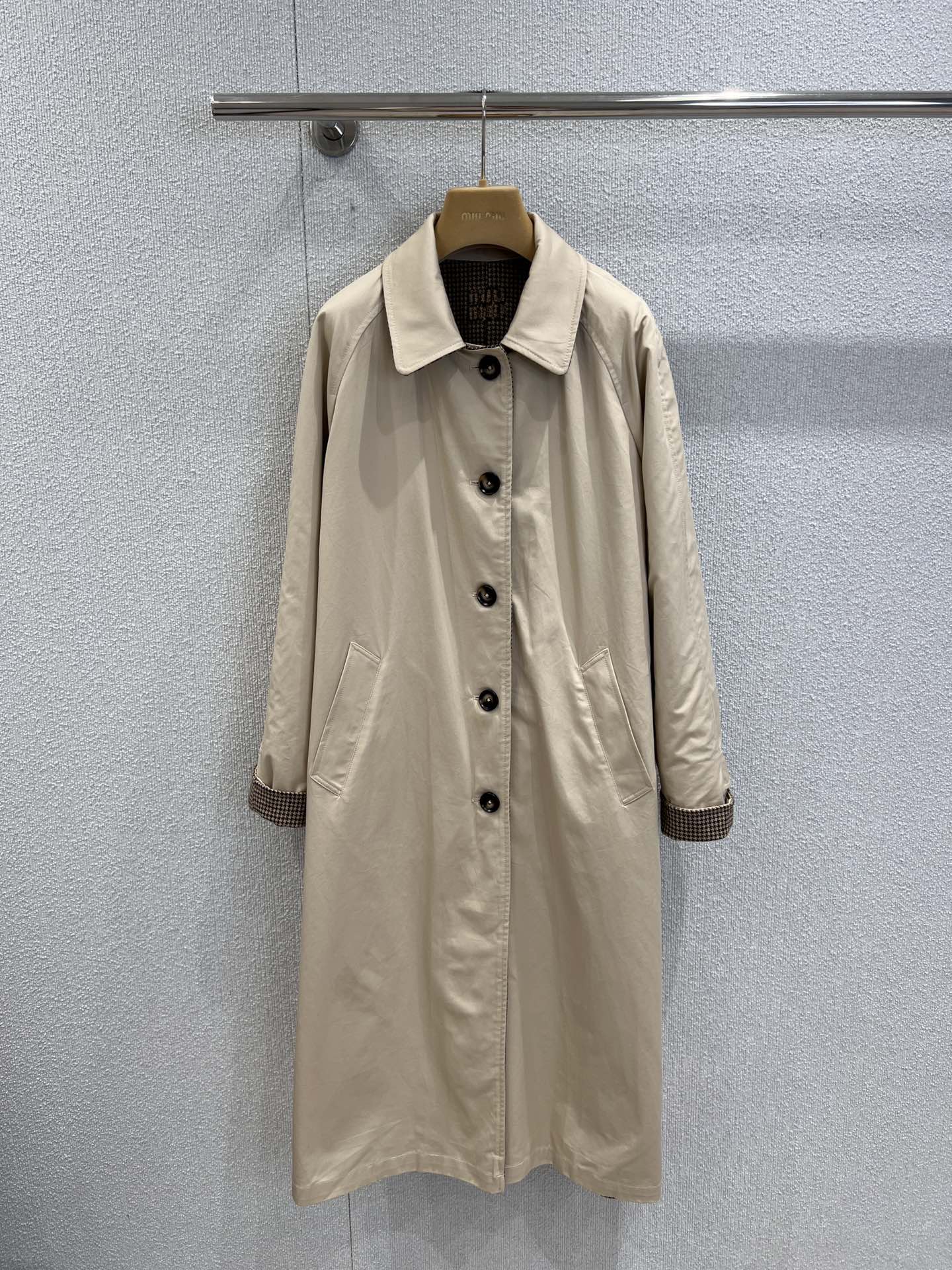 Miu Miu Reversible Single-Breasted Twill Houndstooth Long Trench Coat