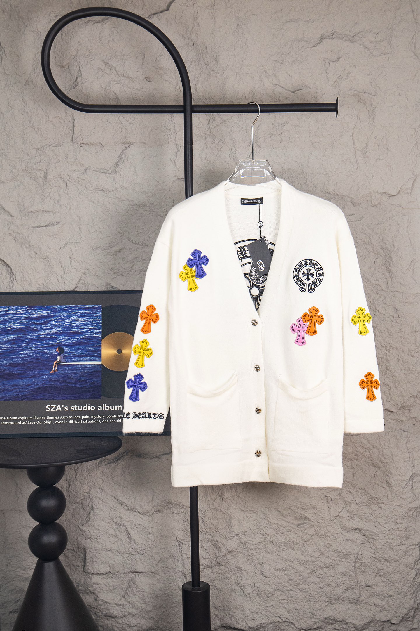 Chrome Hearts Colorful Cross Leather Patch Cardigan Sweater