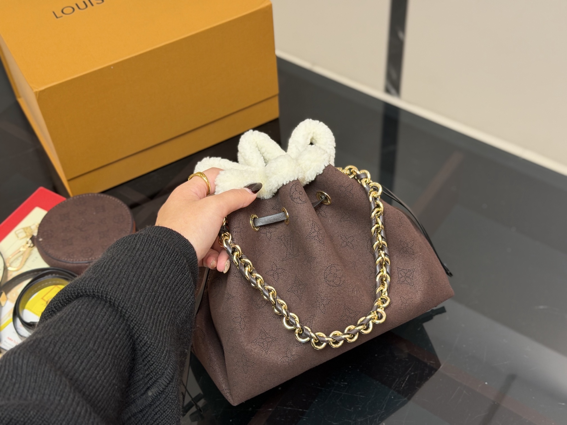 LV Bella suede bucket bag