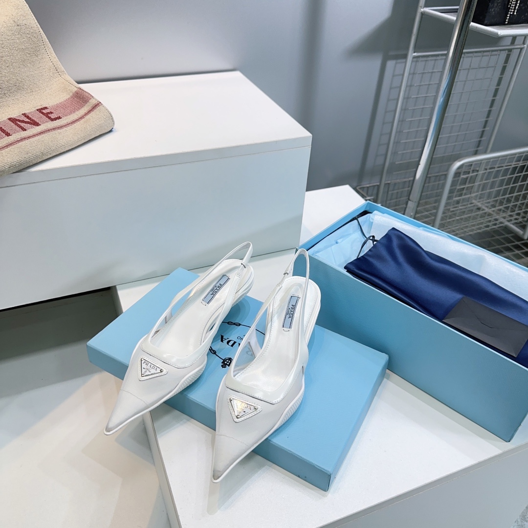 Prada Triangle Buckle High-Heeled Open-Back Mesh Sandals