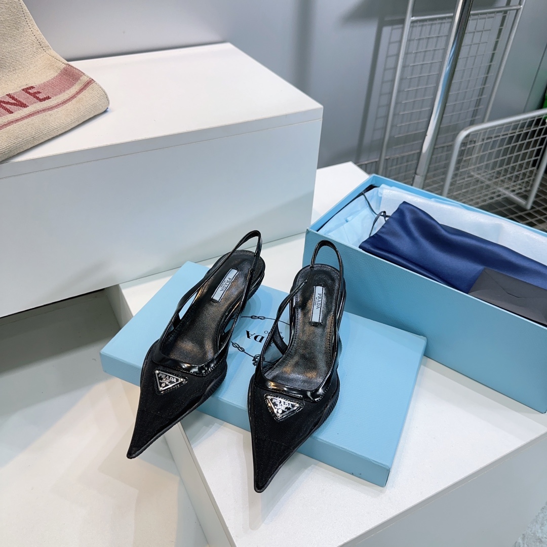 Prada Triangle Buckle High-Heeled Open-Back Mesh Sandals