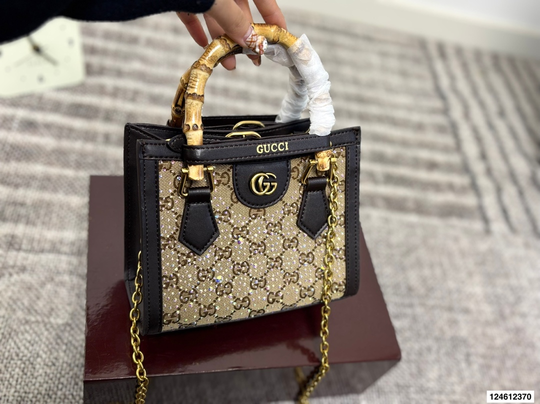 Gucci Diana Full Rhinestone Bamboo Handle Tote Bag