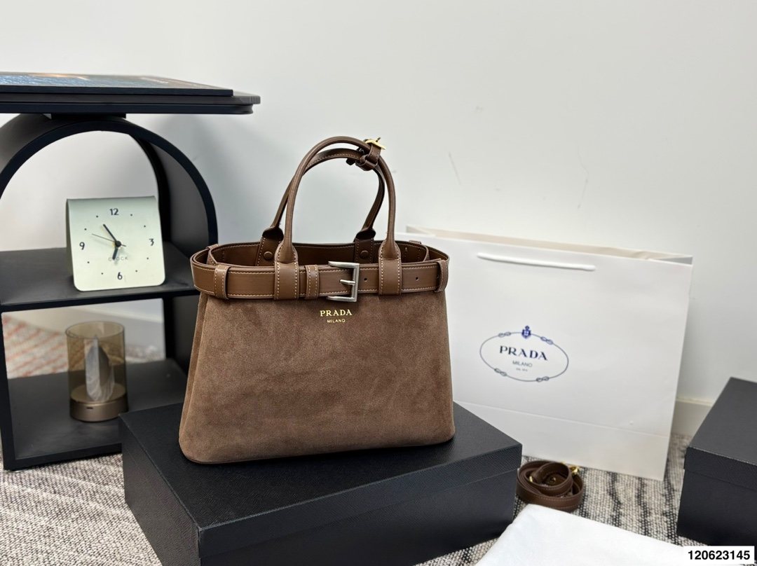 Prada Buckle Suede Handbag