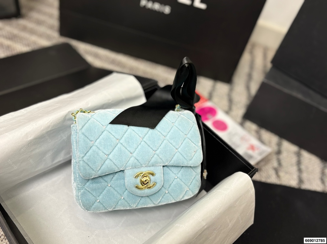 Chanel Velvet Diamond Ball Chain Square Fat Bag
