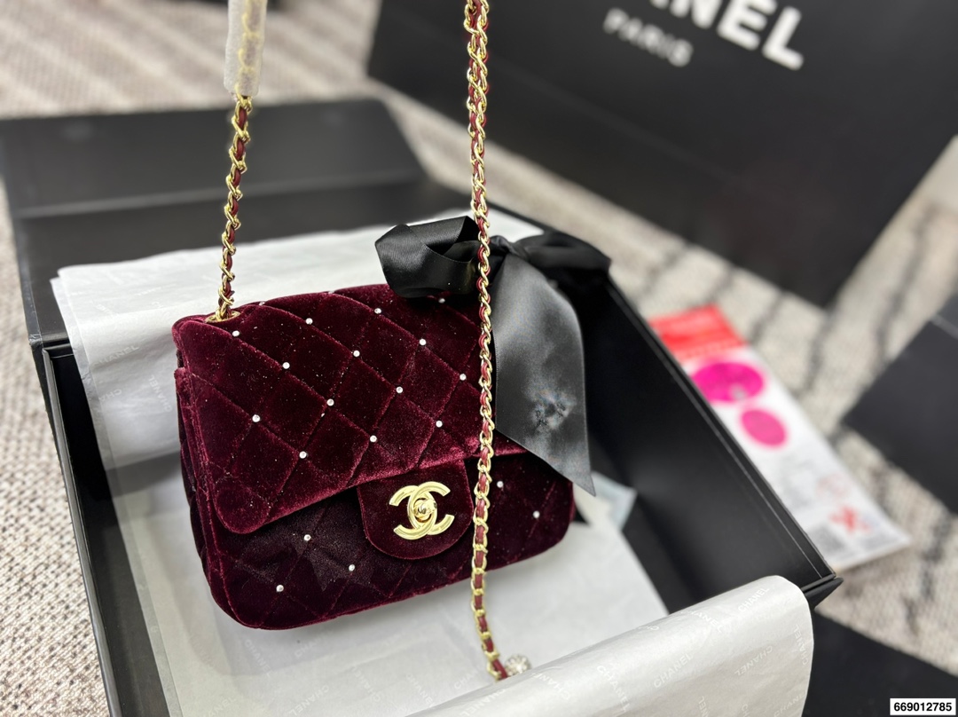 Chanel Velvet Diamond Ball Chain Square Fat Bag
